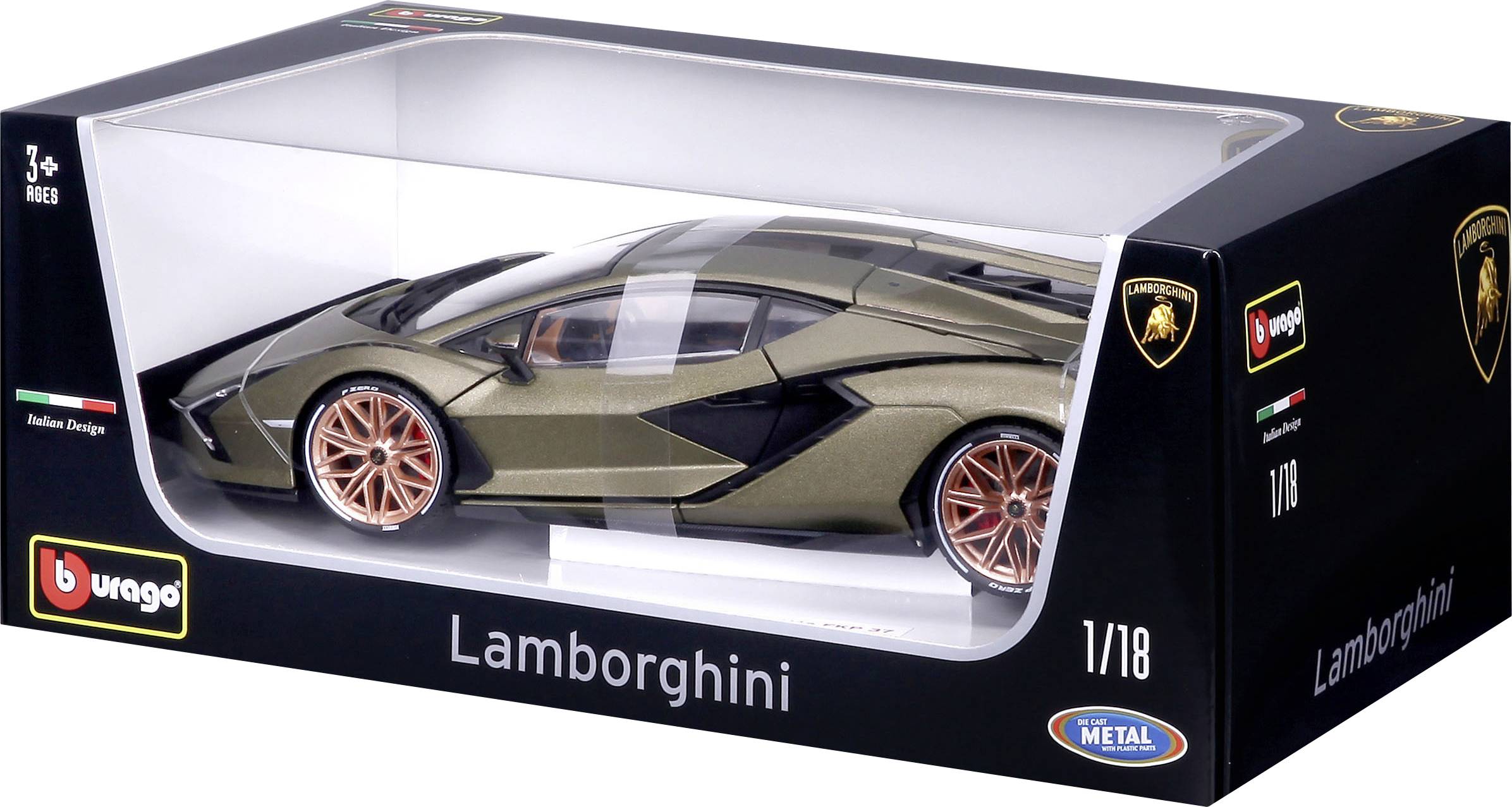 Egy részletgazdag Lamborghini modellautó olívzöld színben, átlátszó csomagolódobozban márkalogókkal és feliratokkal.