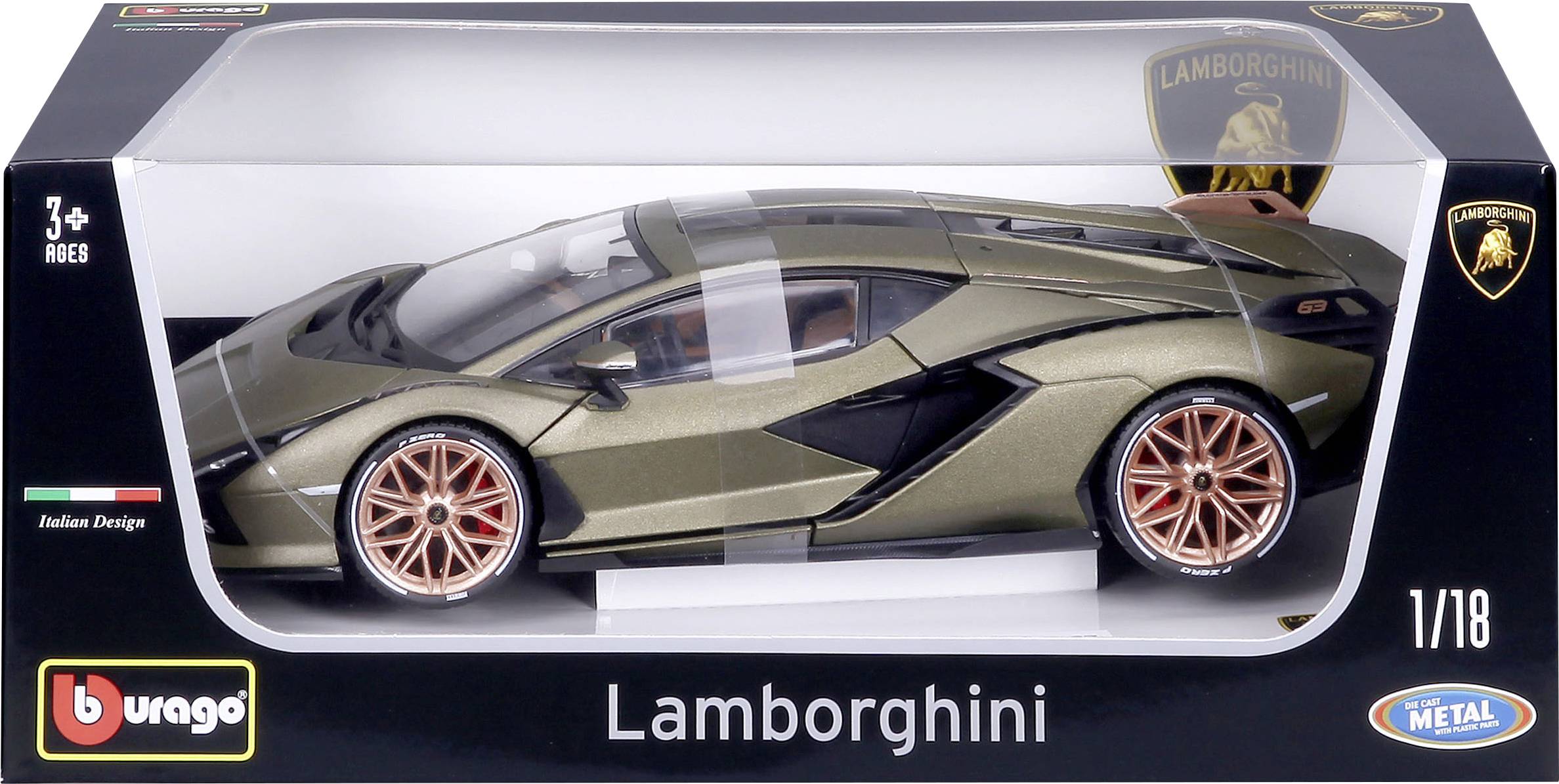 Lamborghini játékautó modell kijelzős dobozban, zöld színben, réz felnikkel, 3 éves kor feletti gyermekeknek alkalmas.