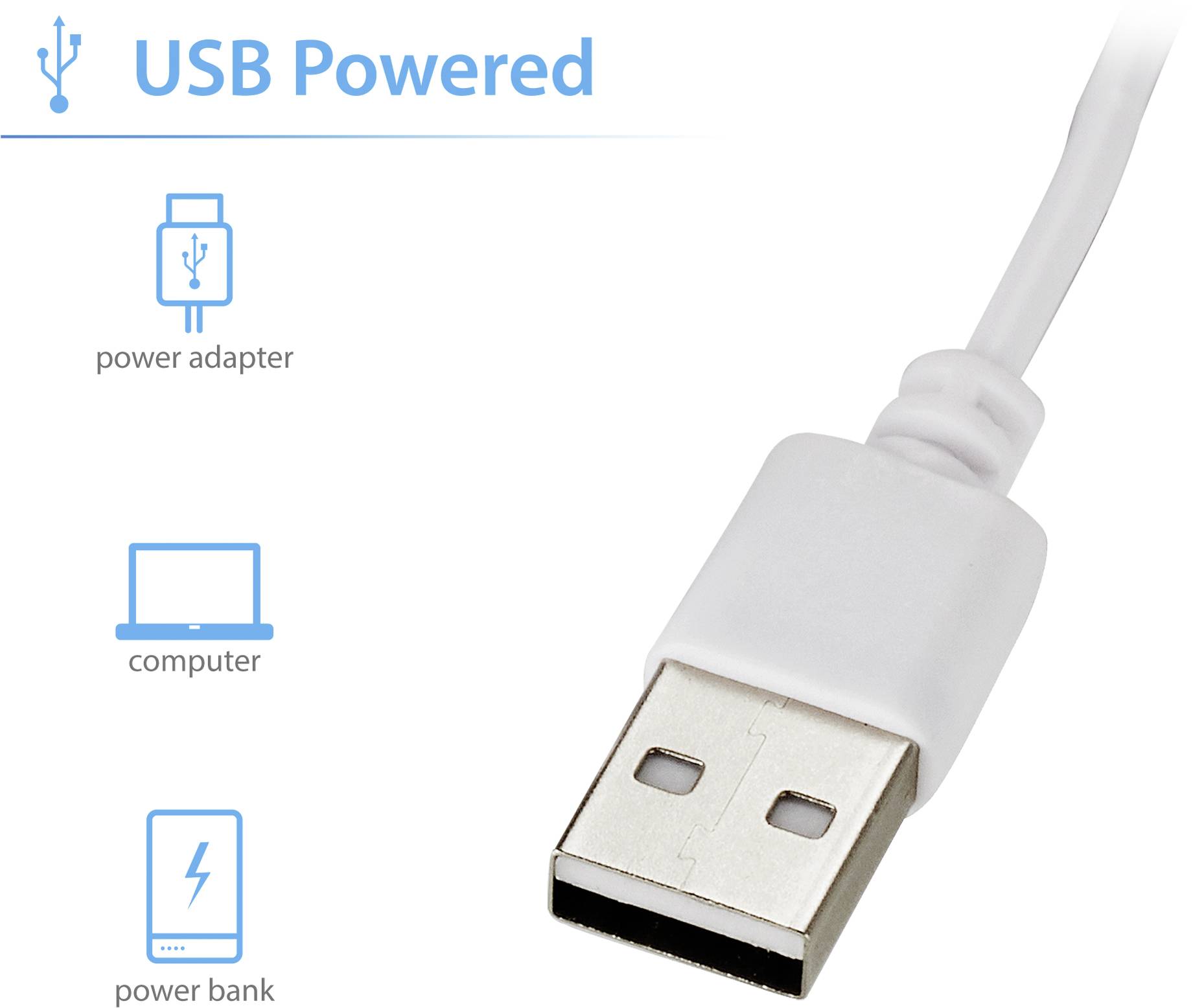 USB-kábel tápellátása tápegységről, számítógépről vagy powerbank-ről történik. Szöveg: 'USB Powered'. Áramforrások szimbólumai.