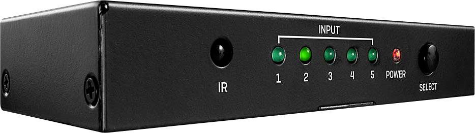 Egy fekete audio-átkapcsoló öt világító beviteli gombbal és egy bekapcsológombbal. Baloldalán egy infravörös vevő jelzőfénye látható.