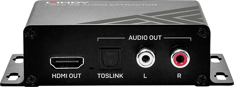 Egy HDMI-hang-leválasztó csatlakozókkal: HDMI-kimenet, TOSLINK, valamint bal és jobb oldali hangcsatlakozók.