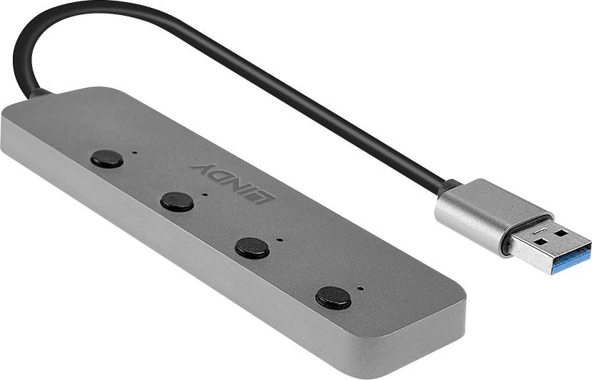 Négy csatlakozóval rendelkező USB-elosztó, fekete csatlakozókábellel és ezüst házburkolattal.