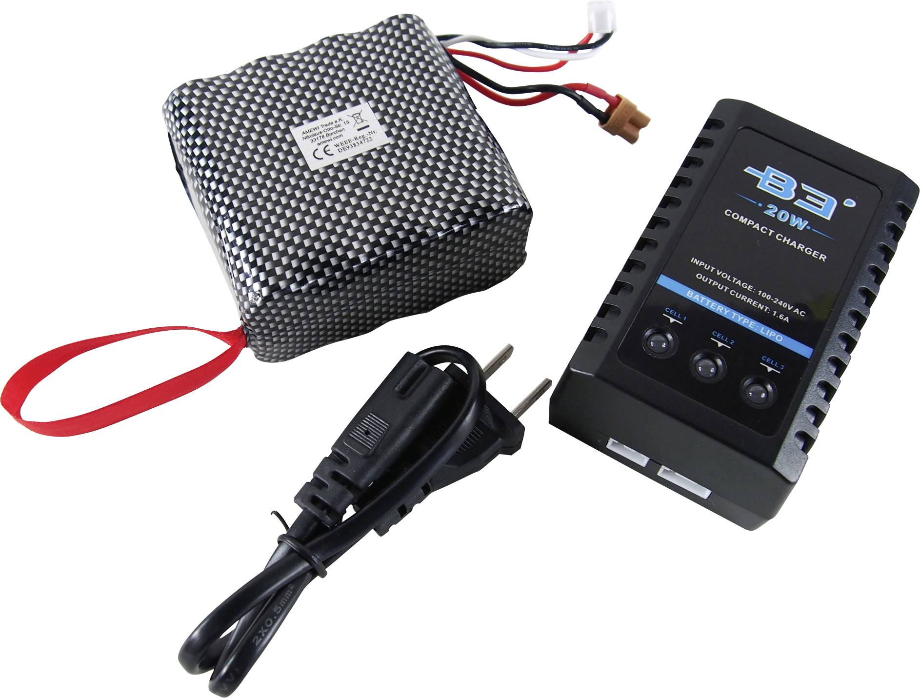 LED-kijelzővel és kábeles csatlakozóval rendelkező töltő egy piros szalaggal ellátott lítium-polimer akkumulátor mellett, amelynek több csatlakozója van.