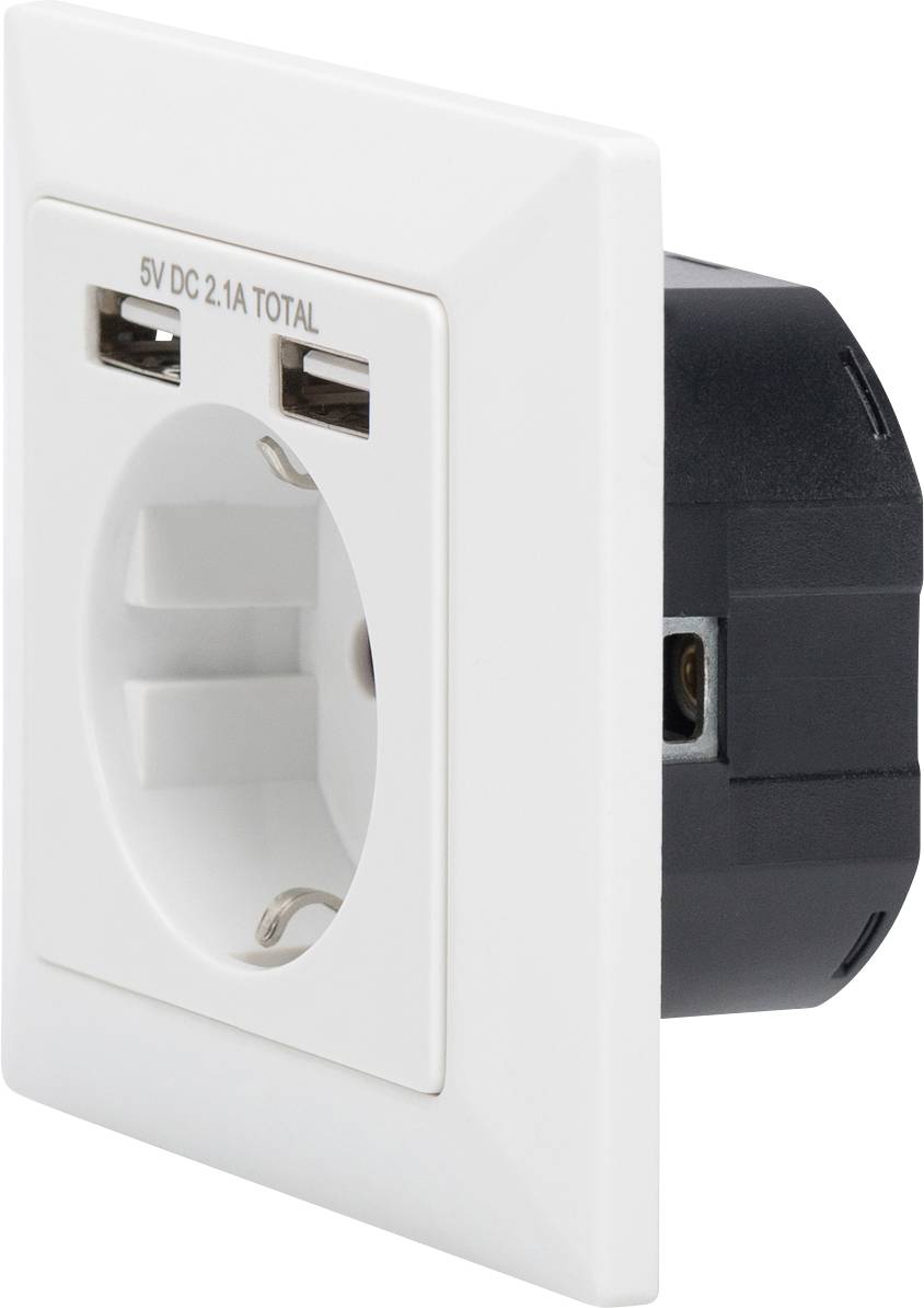 Fehér dugalj két USB-porttal elölnézeti képen. Felirat az USB-portok felett: '5V DC 2.1A TOTAL'.