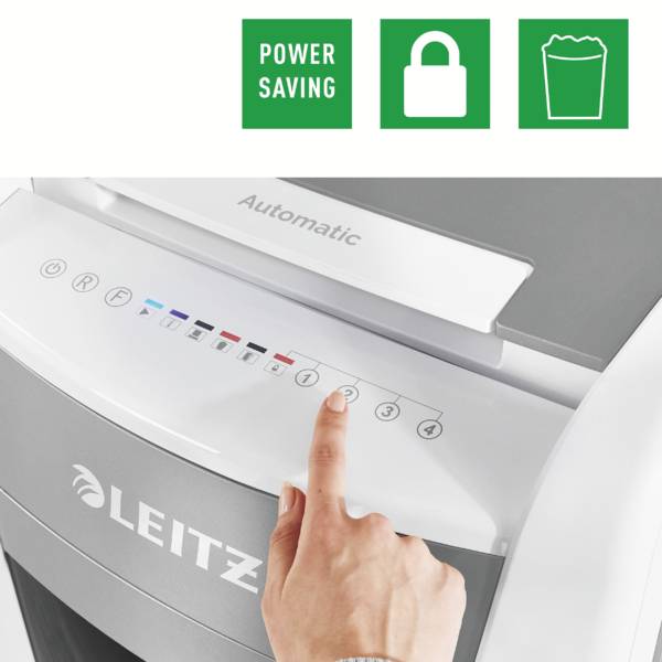 Egy iratmegsemmisítő öt kezelőgombbal. Felül szimbólumok: energiatakarékosság, zár, papírkosár. A 'LEITZ' márkalogó látható.