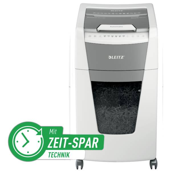 Egy fehér Leitz iratmegsemmisítő görgőkön áll. Egy zöld szimbólum bal alsó sarokban a 'Időtakarékos technológiára' utal.