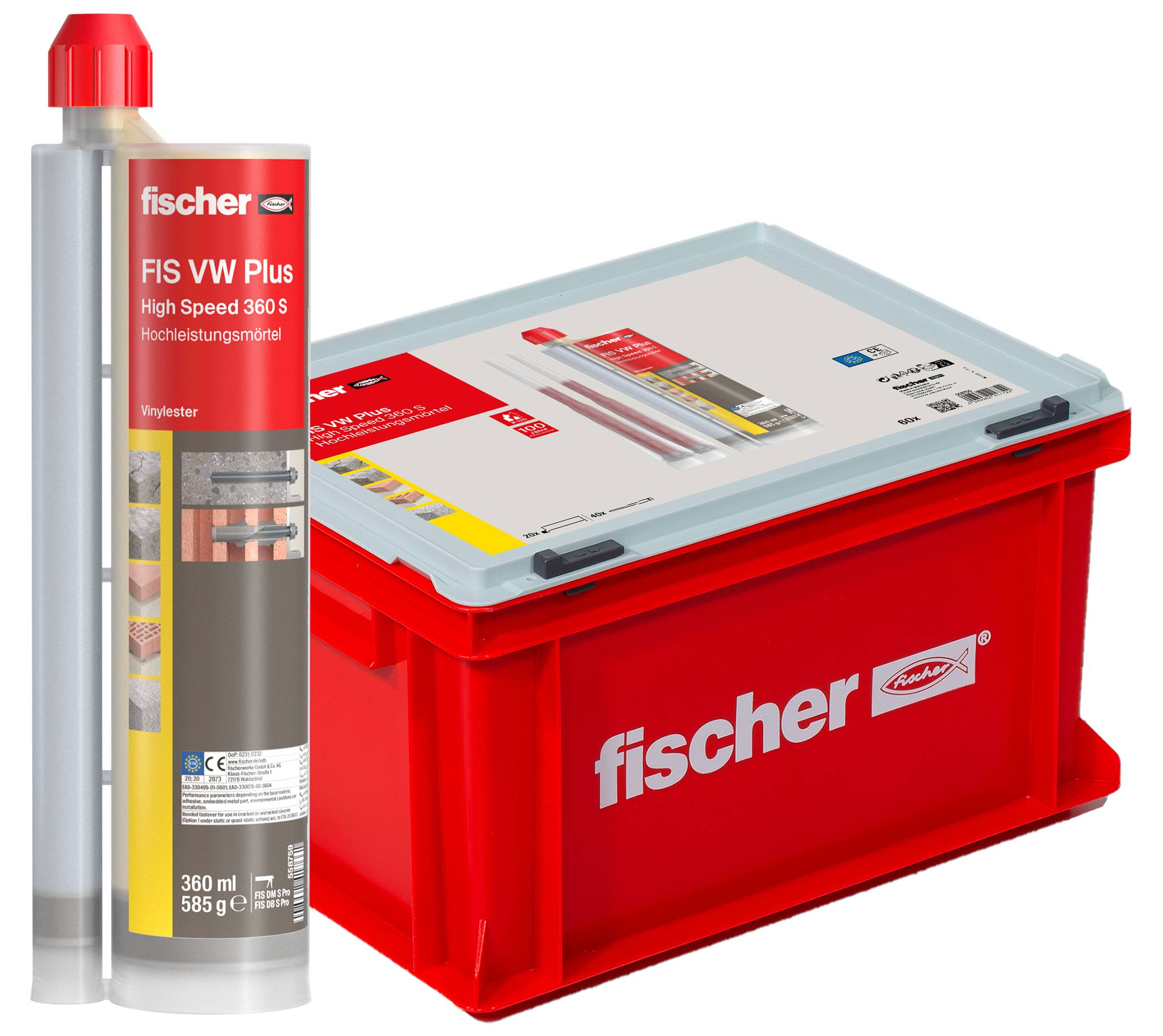 Fischer FIS VW Plus High Speed 360 S ragasztó patronon egy piros Fischer tárolódoboz mellett szürke fedéllel.