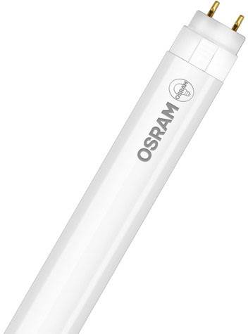 Egy fehér OSRAM fénycső két arany érintkezővel a végén, alkalmas világítási rendszerekhez. Céges logó látható.