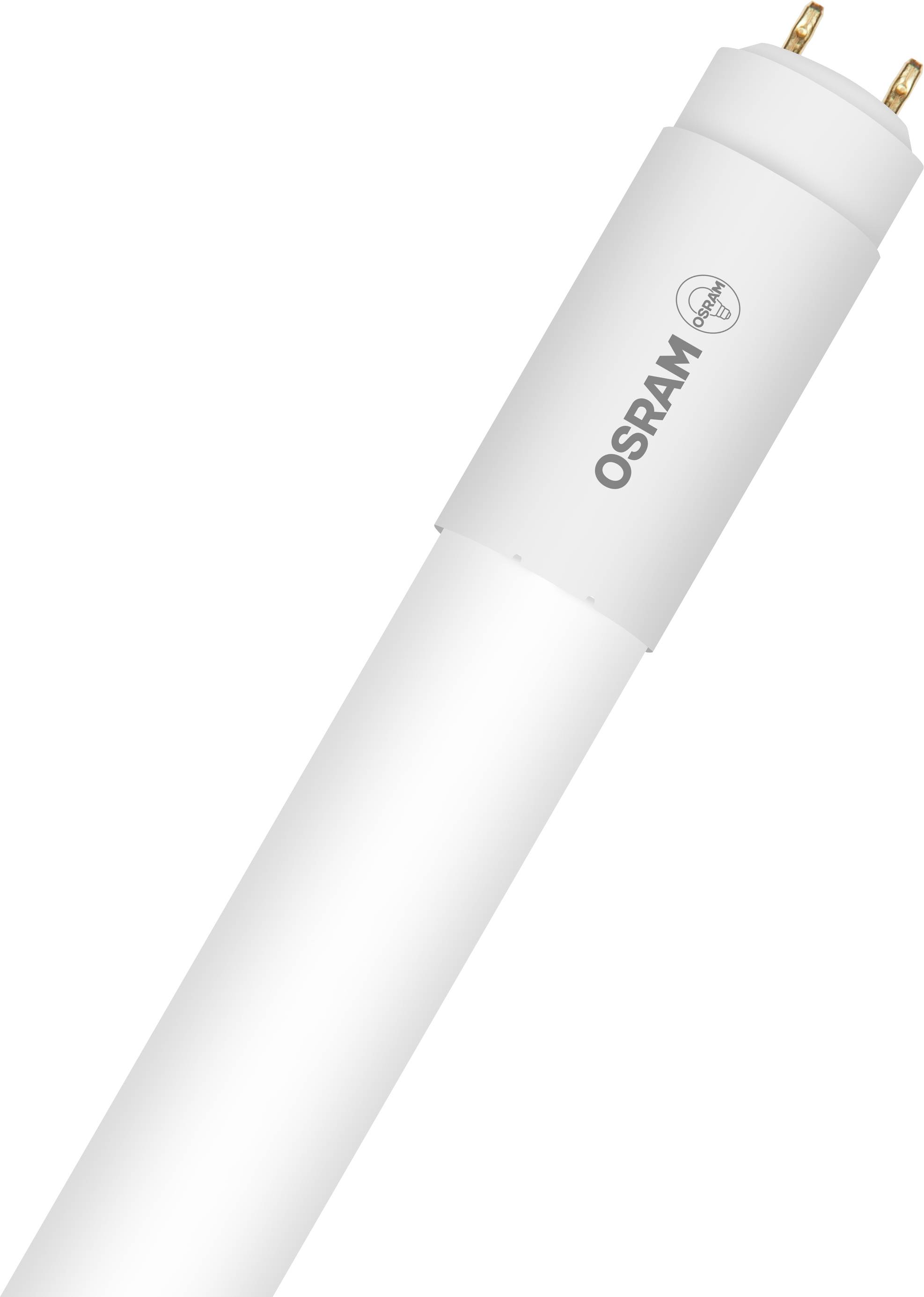 LED-es fénycső OSRAM logóval, fehér henger két csatlakozóval az egyik oldalán, irodai és háztartási világításhoz.