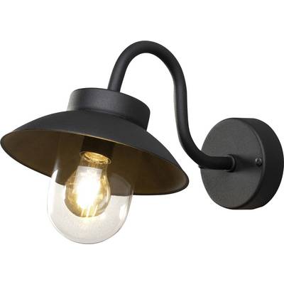 Egy fekete fali lámpa hajlított karral és átlátszó izzóval, meleg fényt áraszt. Tökéletes elegáns beltéri világításhoz.