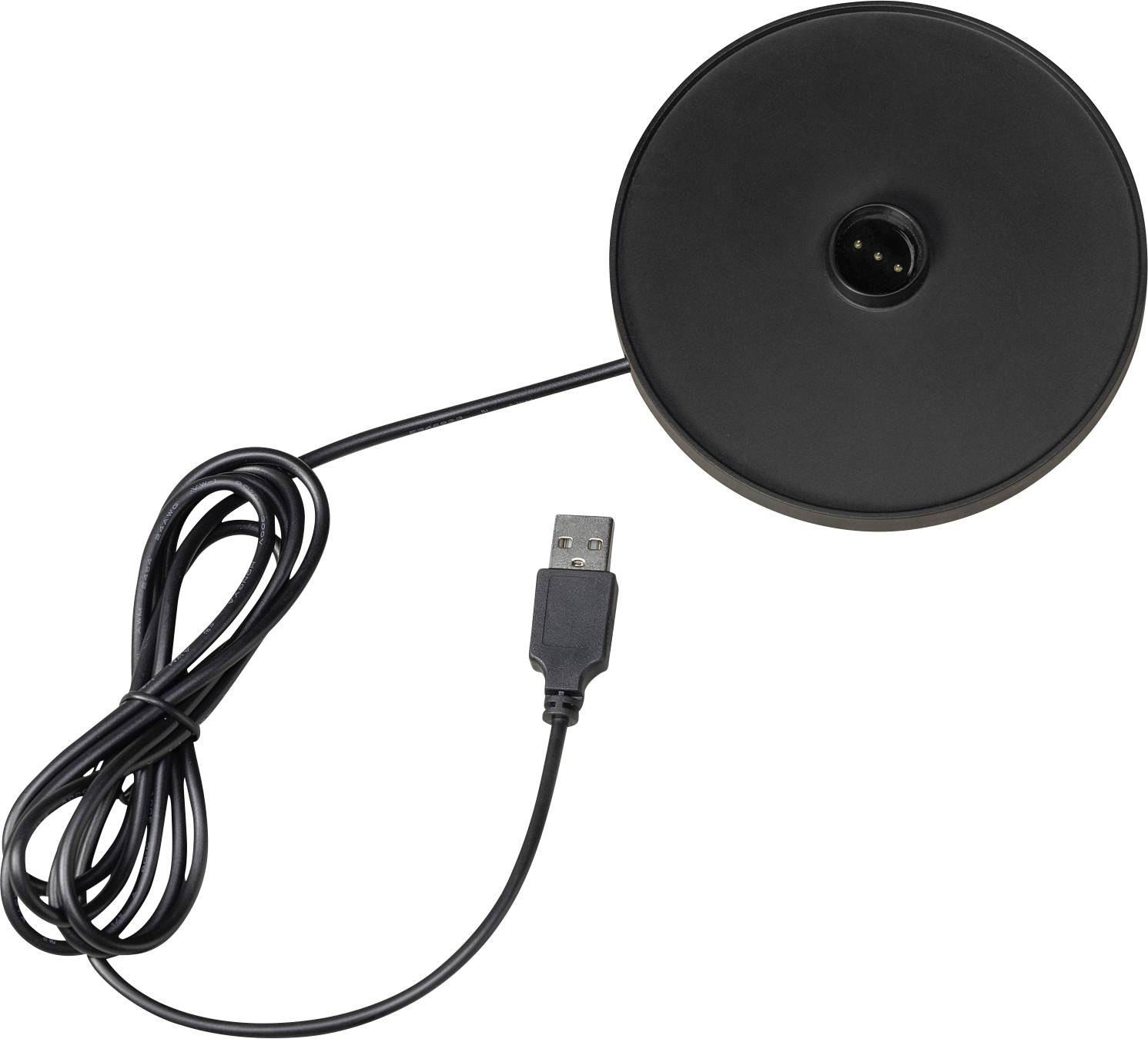 Fekete USB-töltőkábel kerek töltőpaddal, alkalmas elektronikus eszközök vezeték nélküli töltésére.