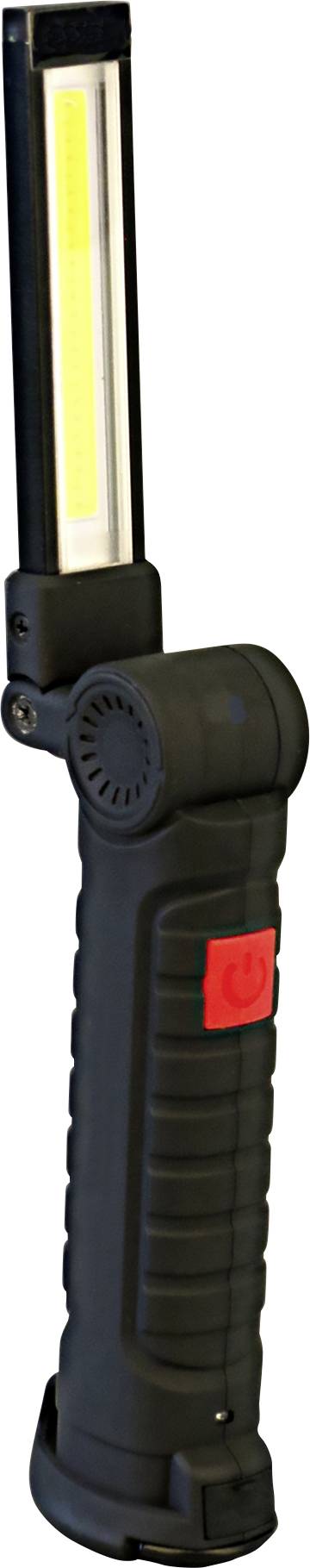 Egy fekete LED-es munkalámpa piros kapcsolóval és forgófejes kialakítással, amely alkalmas műhelyi vagy otthoni munkákhoz.