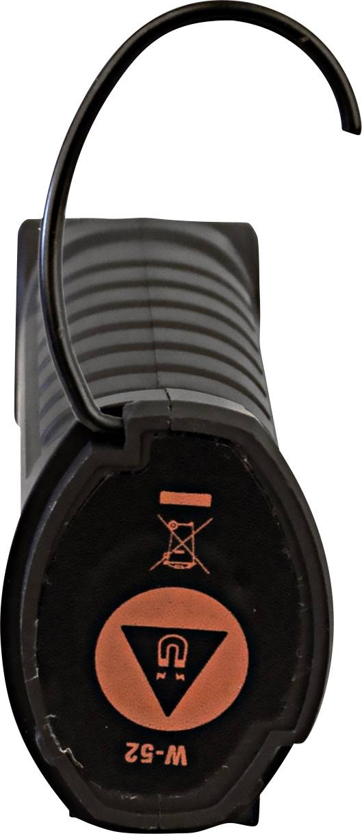 Fekete, hengeres eszköz horoggal felül és figyelmeztető jelzésekkel.