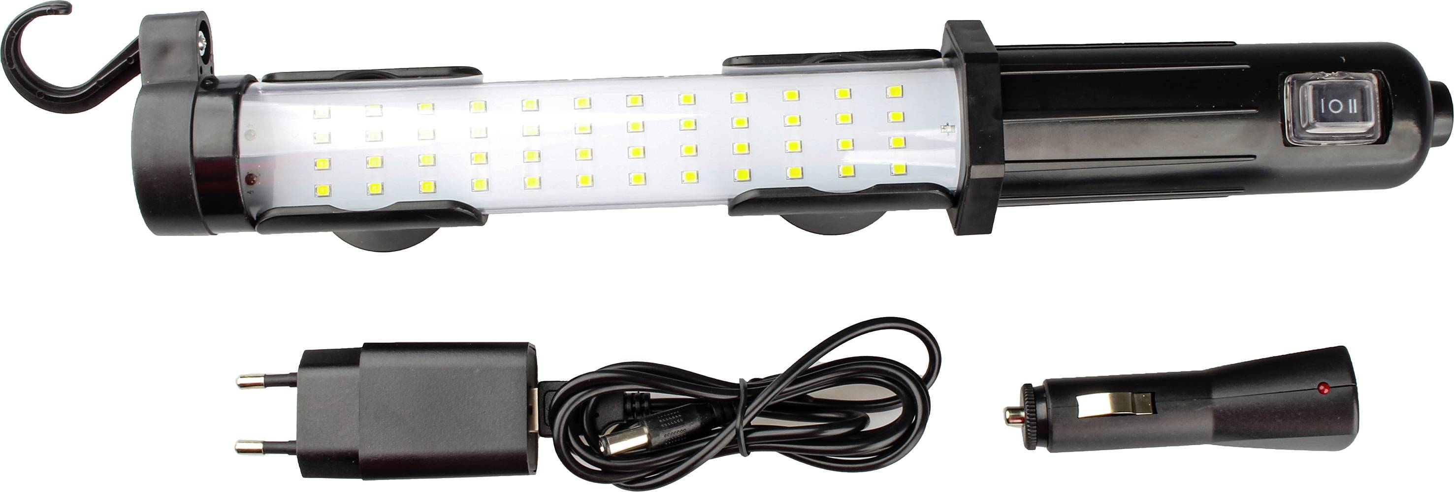Egy hordozható LED-es munkalámpa horoggal, fénykapcsolóval, hálózati adapterrel és autós töltővel. Tökéletes szerelőműhelyek számára.