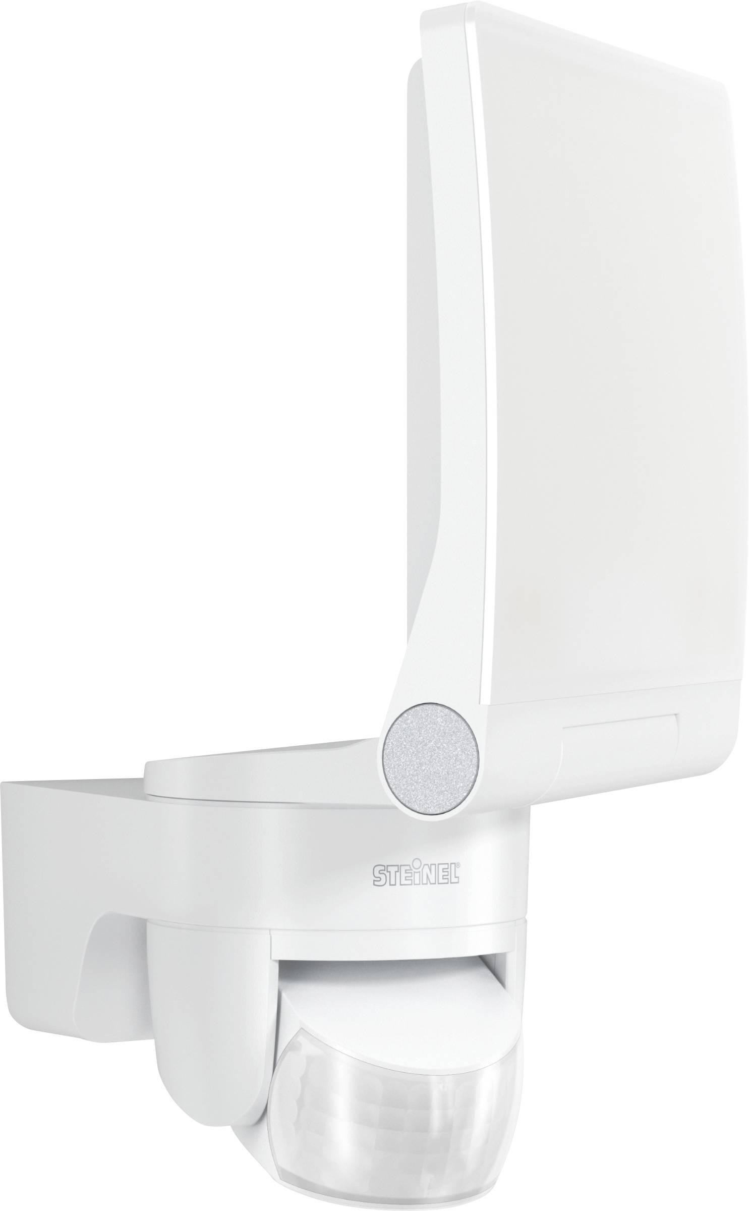 Egy fehér kültéri lámpa beépített mozgásérzékelővel, modern és minimalista kialakítással, tökéletes házi homlokzatok számára.