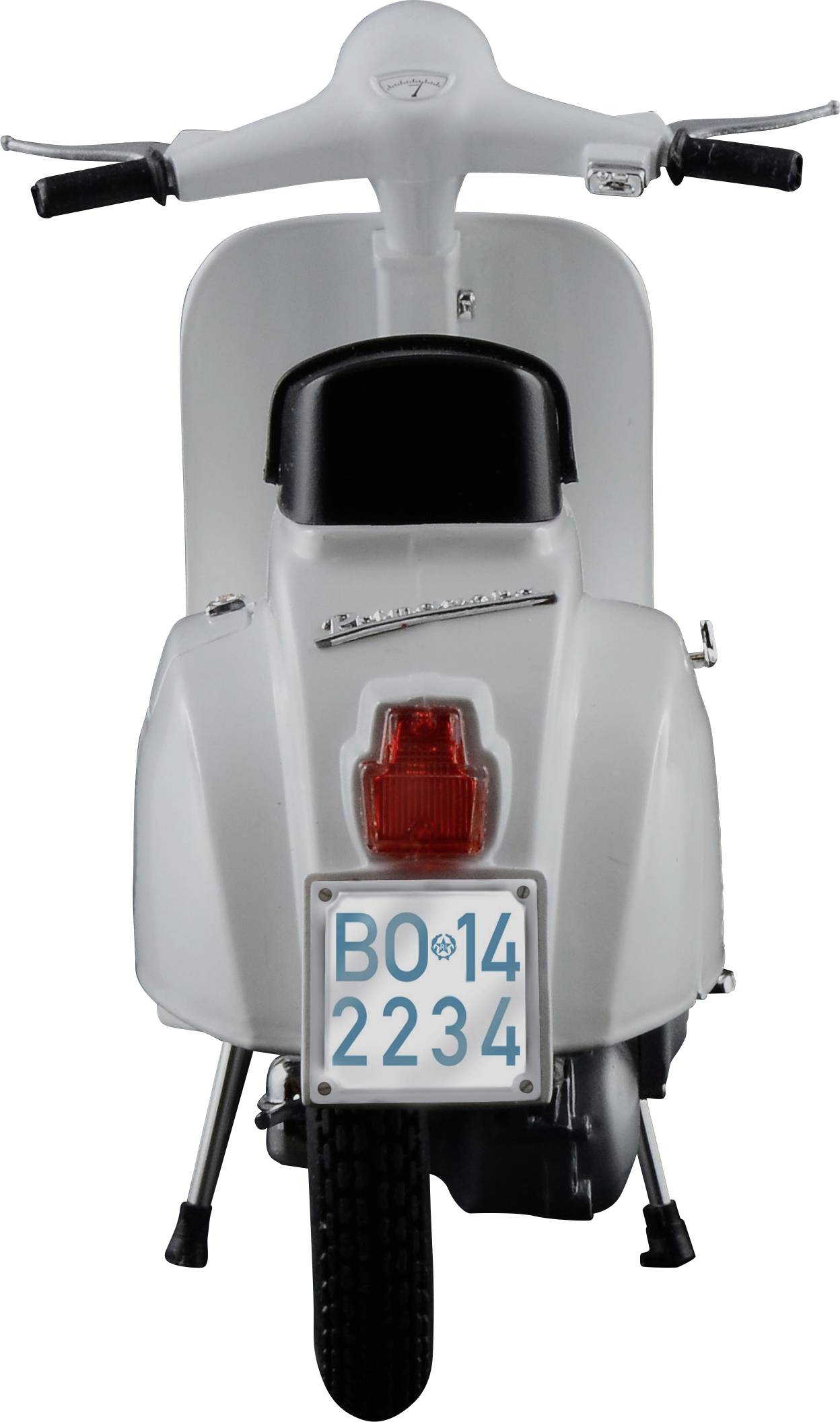 Egy fehér robogó hátulról, fekete üléssel. A rendszáma 'BO 14 2234'.