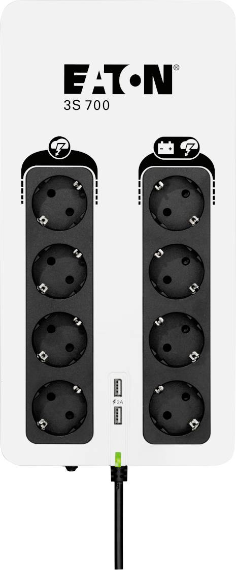 Fehér EATON elosztó nyolc csatlakozóaljzattal és USB-porttal. A '3S 700' típusjel felül látható.