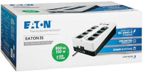 Egy EATON 3S feliratú kartondoboz egy 6 aljzatos szünetmentes tápegységet mutat. Készülék teljesítménye 850 VA, 510 W, rendelkezik USB-kompatibilitással és 20 perc üzemidővel.