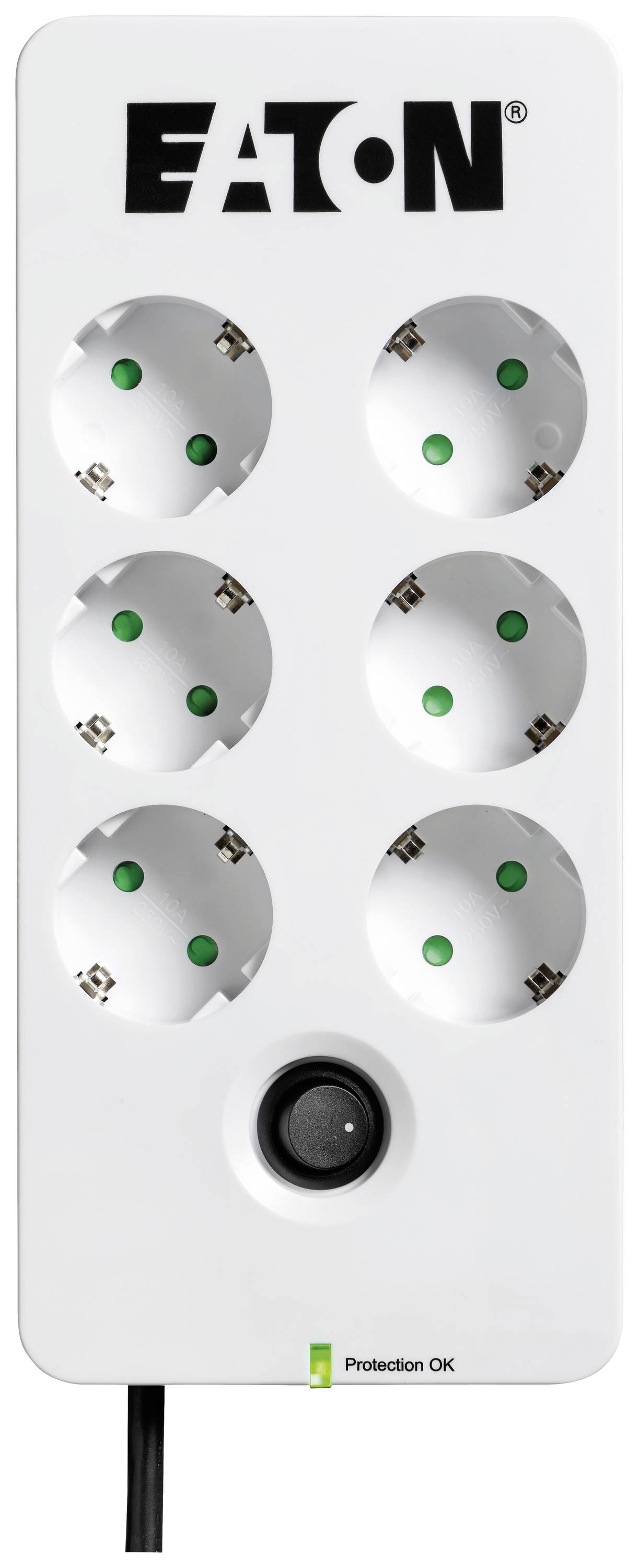 Hat ágú elosztó, hat csatlakozóaljzattal, be- és kikapcsolható billenőkapcsolóval. A 'EATON' márka felül látható.