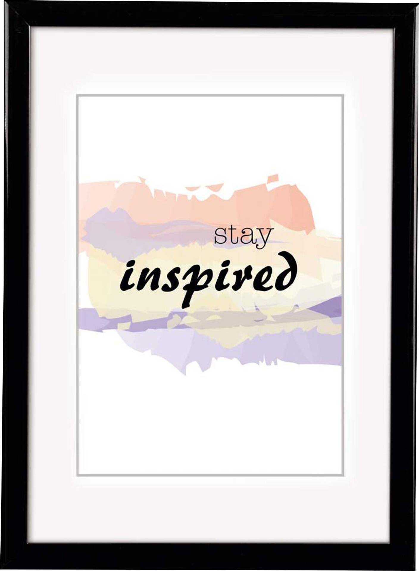 Pasztellszínű, rózsaszín, bézs és lila háttér előtt egy keretezett poszter, amelyen a "stay inspired" szöveg olvasható.