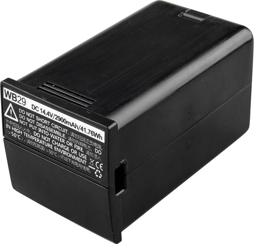 Egy fekete akkumulátor felirattal: 'WB29, DC 14,4V/2900mAh/41,76Wh'. Biztonsági figyelmeztetések rövidzárlat és túlmelegedés elkerülése érdekében.