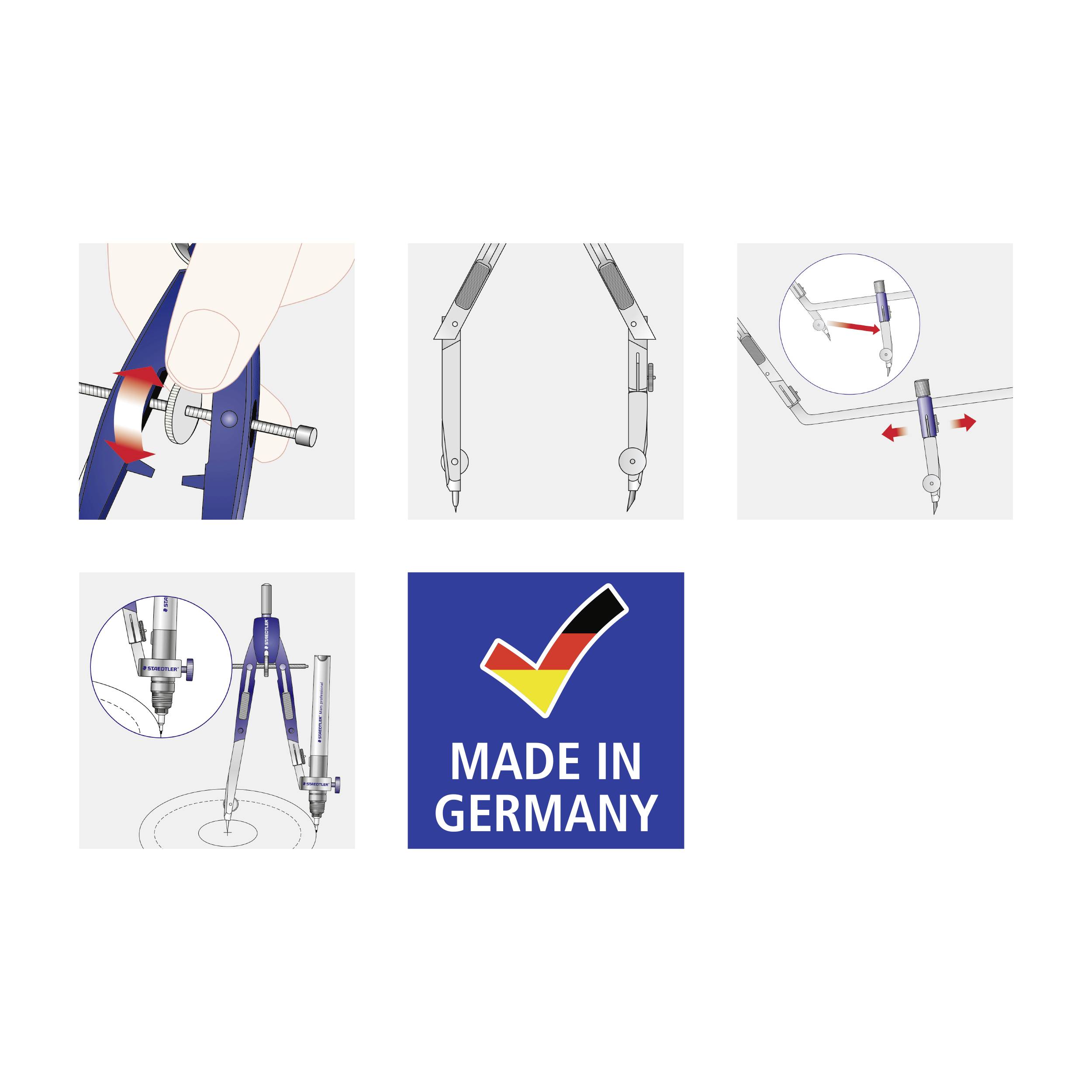 Öt kép mutatja egy kék körző használatát és a 'Made in Germany' feliratot. A körzőt beállítják és igazítják.
