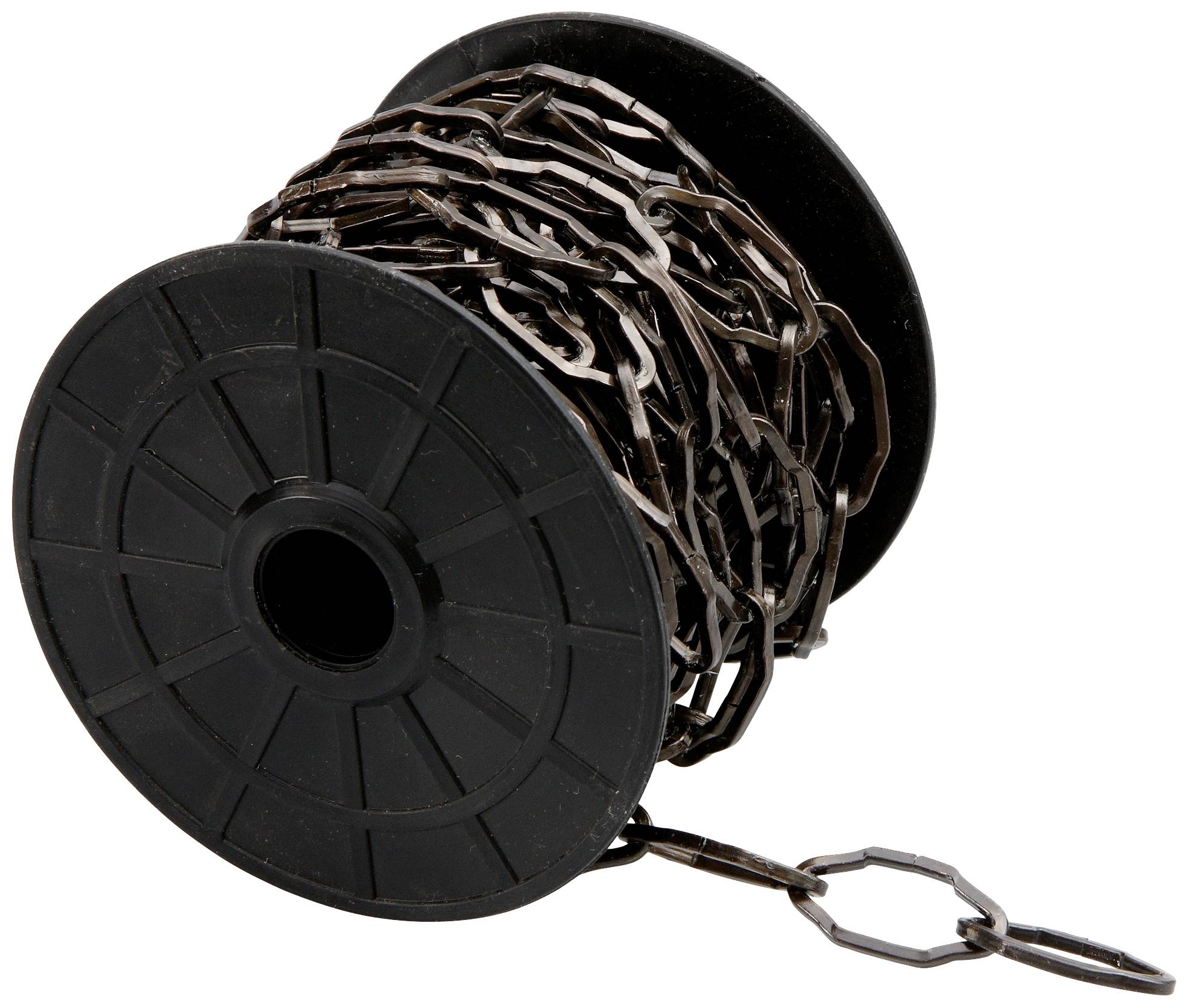Egy fekete tekercs, amelyre sötét lánc van feltekerve, oldalt lelógó láncrészekkel.