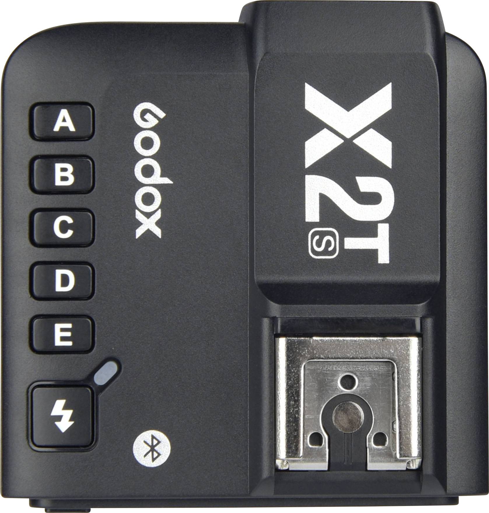 'Godox X2T-S' rádiós kioldó fényképezőgépekhez. Mutatja az A-tól E-ig terjedő gombokat, vaku- és Bluetooth-szimbólumot, típuscipő (hotshoe) csatlakozóval felül.