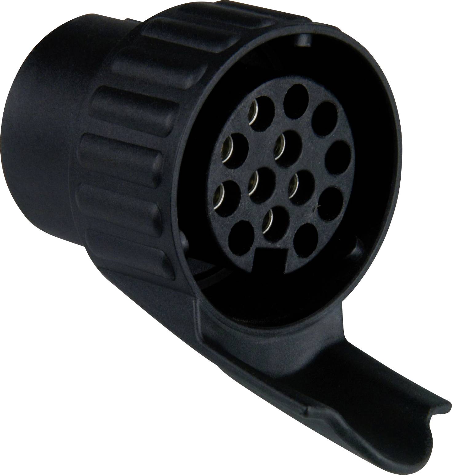13 pólusú utánfutó csatlakozó, fekete ház; a jármű és az utánfutó elektromos rendszereinek összekapcsolására szolgál.