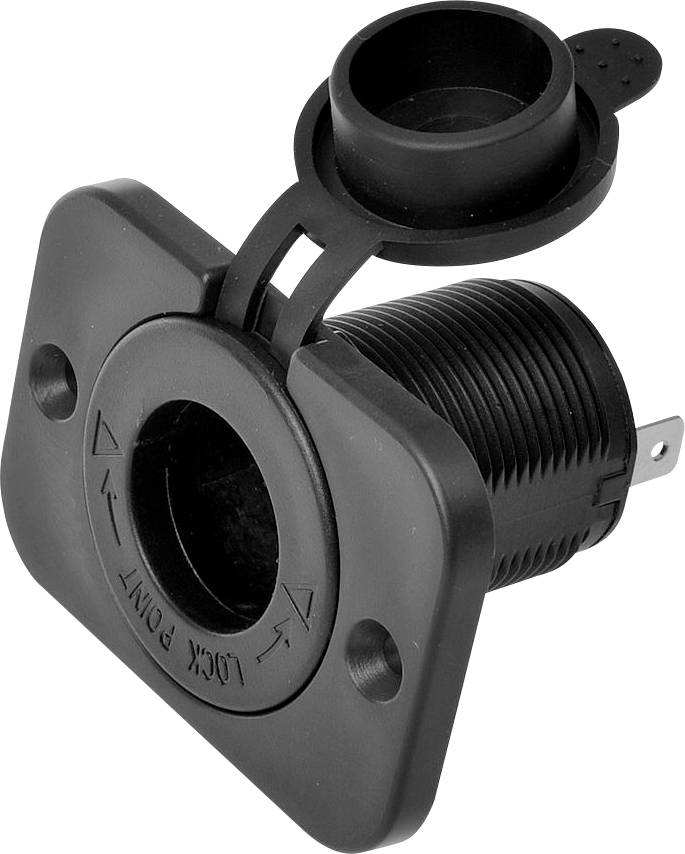 Fekete műanyag tokban csavarmenetes kivitel és levehető kupak, két szerelőfurat, elektromos csatlakoztatásra szolgál.