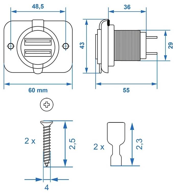 IWH Prise USB double encastrée 12/24 volts 21100 ma Charge de courant max=2.0 A 12 ou 24 V/DC — Photo 3 sur 3