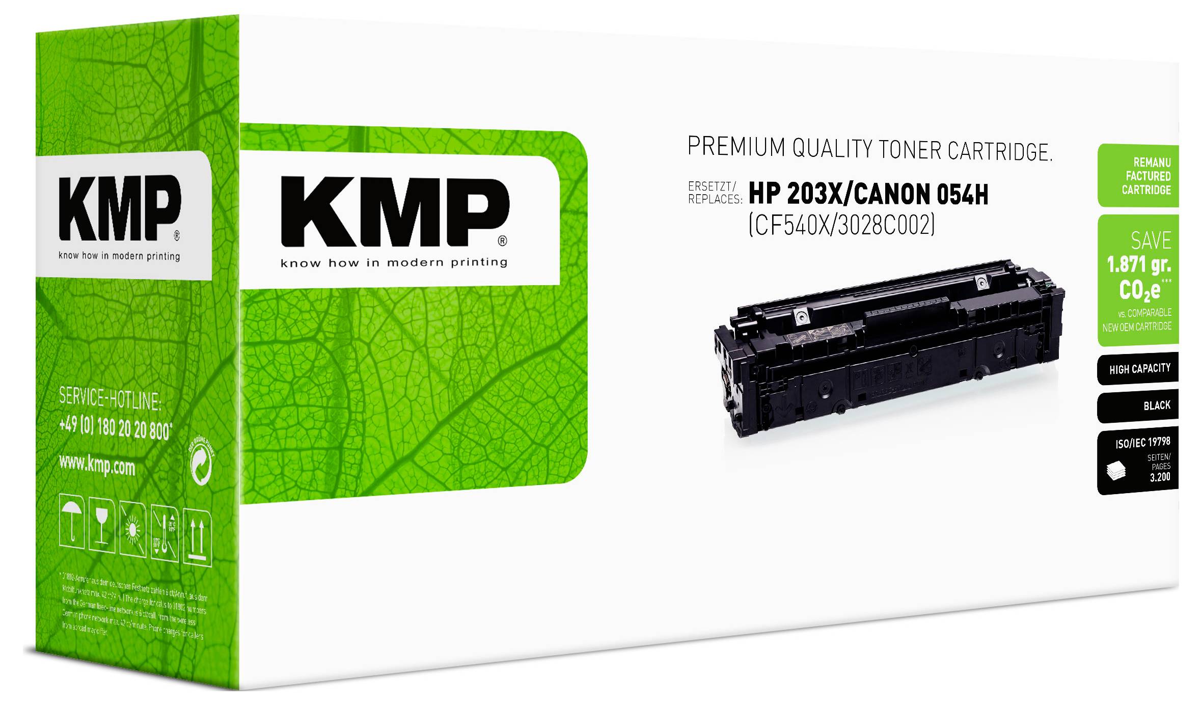 KMP prémium minőségű toner patron csomag HP 203X/Canon 054H számára, fekete patron képpel és kompatibilitási szöveggel megjelenítve.