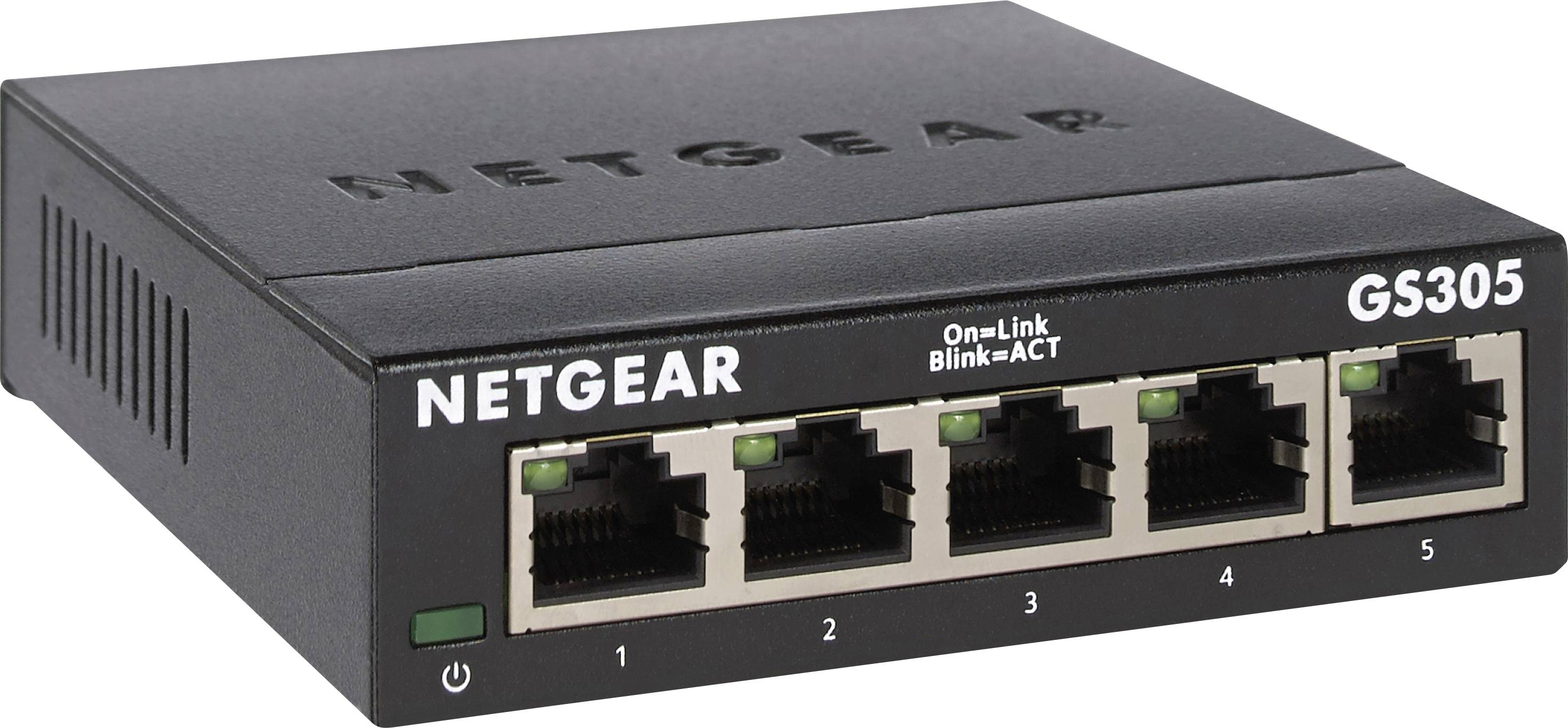 NETGEAR GS305 hálózati switch öt Ethernet porttal és LED-kijelzőkkel az állapot figyeléséhez.