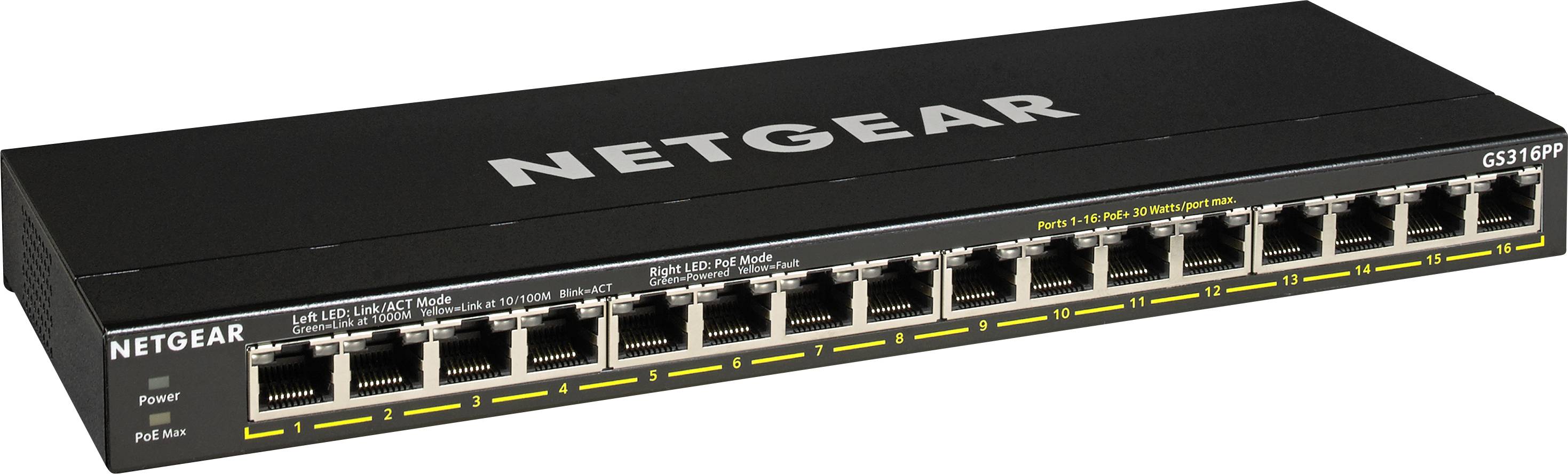 Netgear 16-portos Gigabit Ethernet PoE+ Switch fehér háttérrel. Irodai vagy otthoni hálózati csatlakozásokhoz alkalmas.