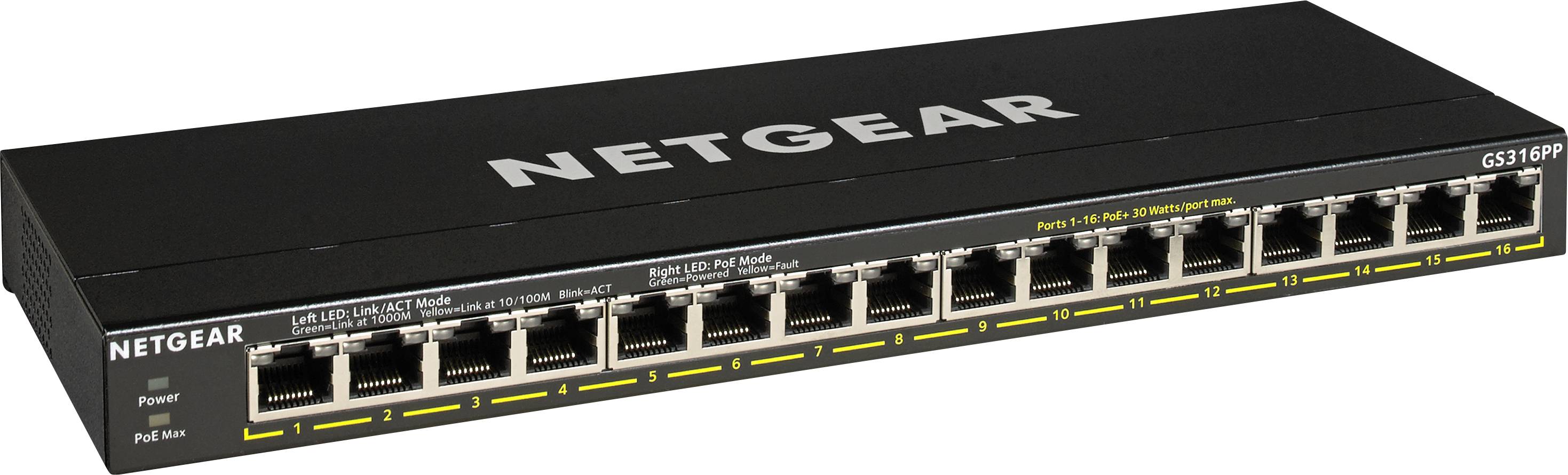 Egy 16 portos hálózati switch a Netgeartől, GS316PP modell, támogatja a Power-over-Ethernet (PoE) technológiát. Egyszerű, fekete dizájn LED-kijelzőkkel.