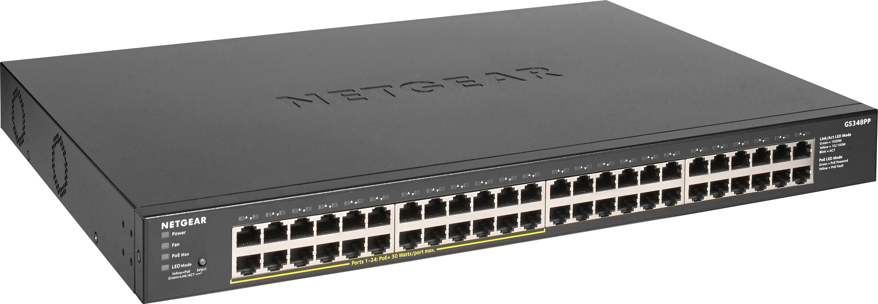 Netgear márkájú hálózati switch 48 Ethernet-porttal, alkalmas vállalati hálózatokban történő adatforgalom kezelésére.