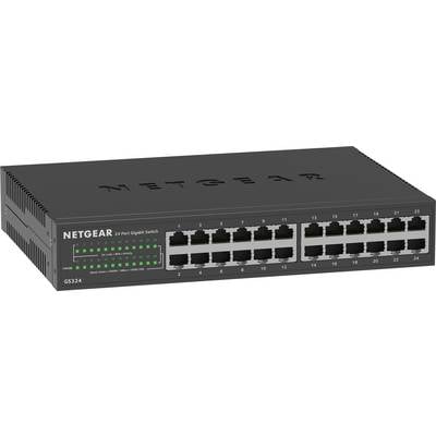 Netgear 24 portos Gigabit switch zöld LED-jelzésekkel a bal oldalon és portszámokkal felette. Ideális hálózatok számára.