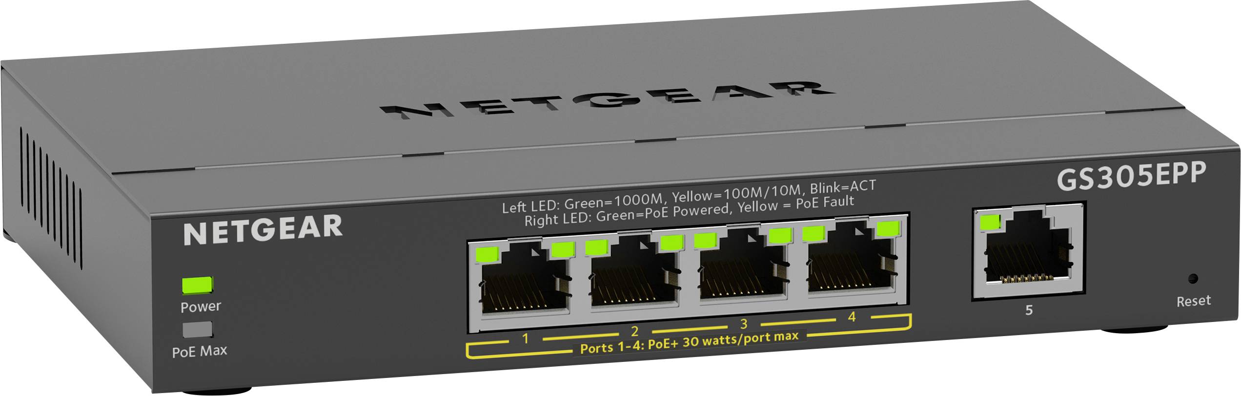 Netgear ötportós Ethernet-switch. Bal oldalán LED-jelzők tápellátáshoz és PoE-höz. Jobbra a GS305EPP modellszám.