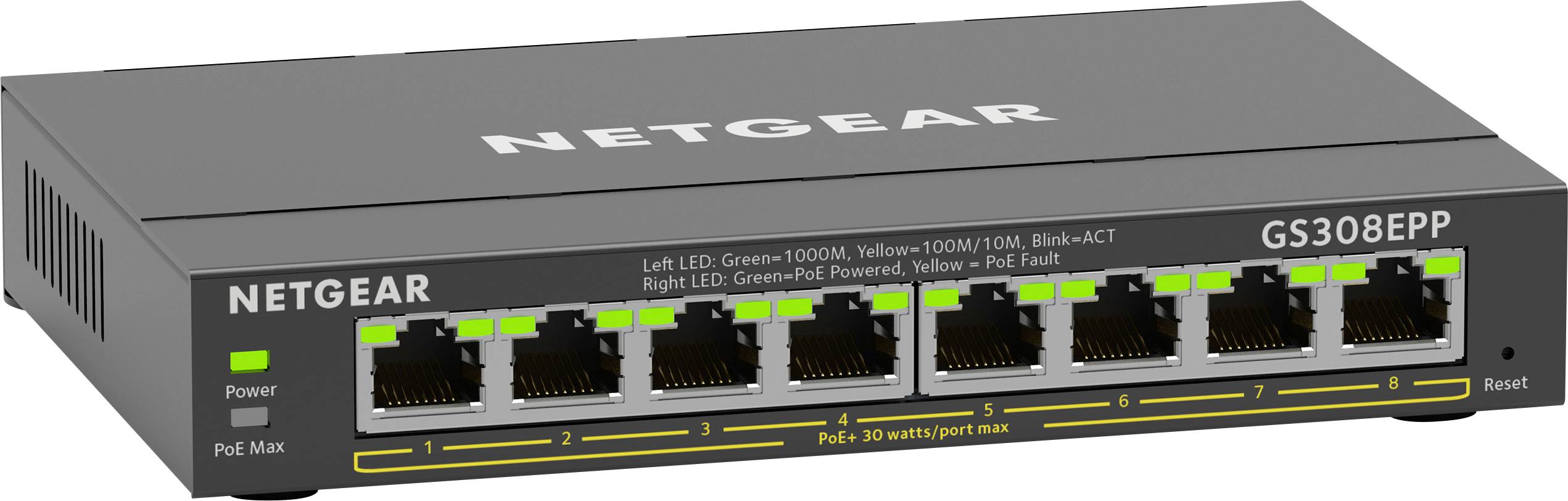Nyolc Ethernet-porttal rendelkező Netgear hálózati switch, GS308EPP modell. LED-ek jelzik a kapcsolat állapotát. Kisméretű hálózatok számára ideális.