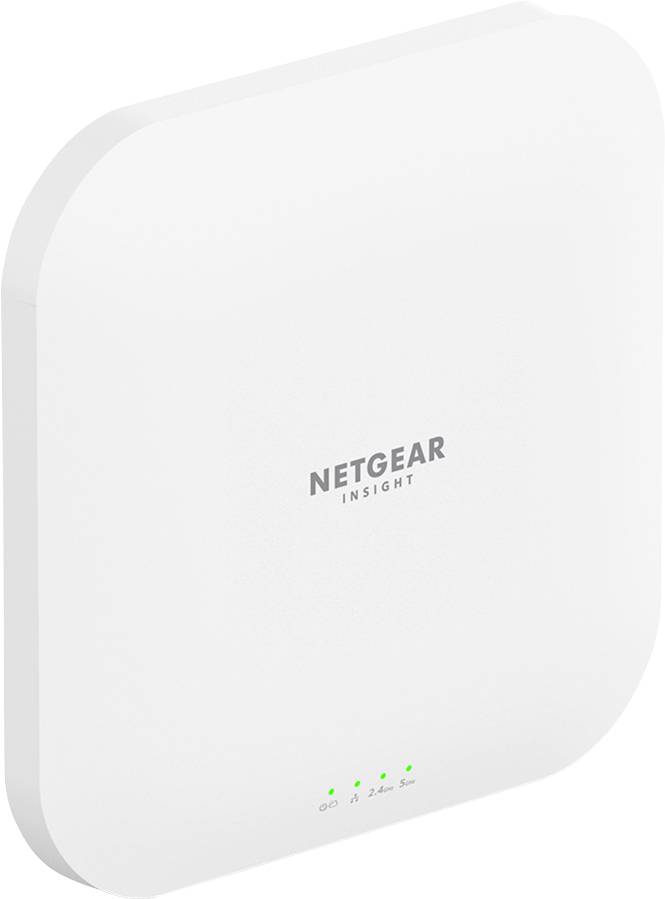 Egy fehér Netgear Insight WLAN hozzáférési pont három zöld LED-jelzőfénnyel.