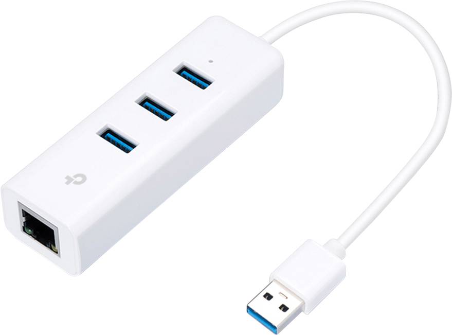 Fehér USB-elosztó három USB-csatlakozóval és egy Ethernet-porttal, rövid kábellel csatlakoztatva egy USB-dugóval.