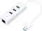 Fehér USB-elosztó három USB-csatlakozóval és egy Ethernet-porttal, rövid kábellel csatlakoztatva egy USB-dugóval.