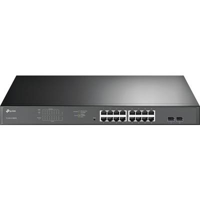 Fekete hálózati switch 16 Ethernet-porttal és 2 SFP-foglalattal az elülső oldalon. A LED-kijelzők mutatják a portok állapotát.
