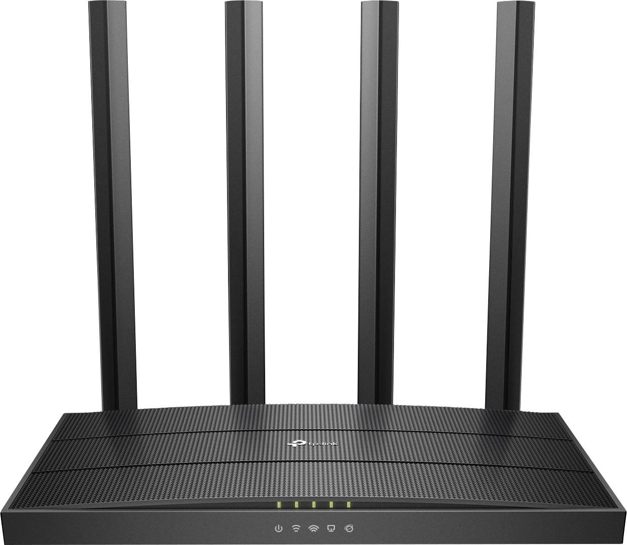 Négy álló antennával és öt LED-jelzőfénnyel ellátott WLAN-router.