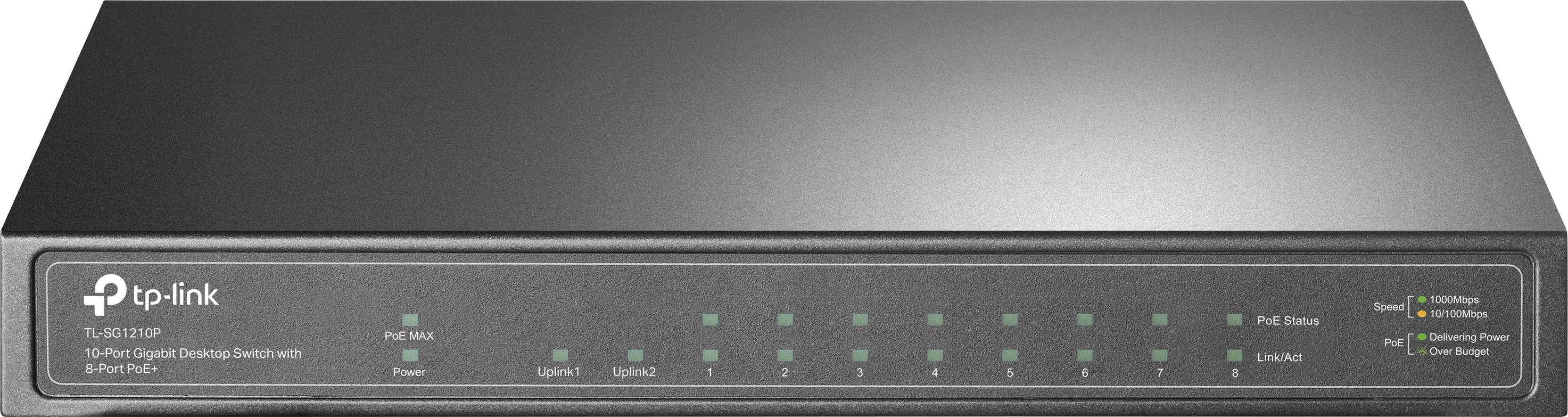 Egy 'TP-Link' hálózati switch tizenhat Ethernet-porttal, LED-ekkel az állapotjelzéshez és a 'TL-SG1016PE' modellnévvel, amely alkalmas PoE támogatásra.