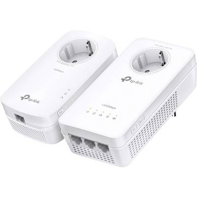 Két fehér TP-Link powerline adapter, hálózati csatlakozóval és Ethernet-portokkal, amelyek alkalmasak hálózati kapcsolatok kiterjesztésére.