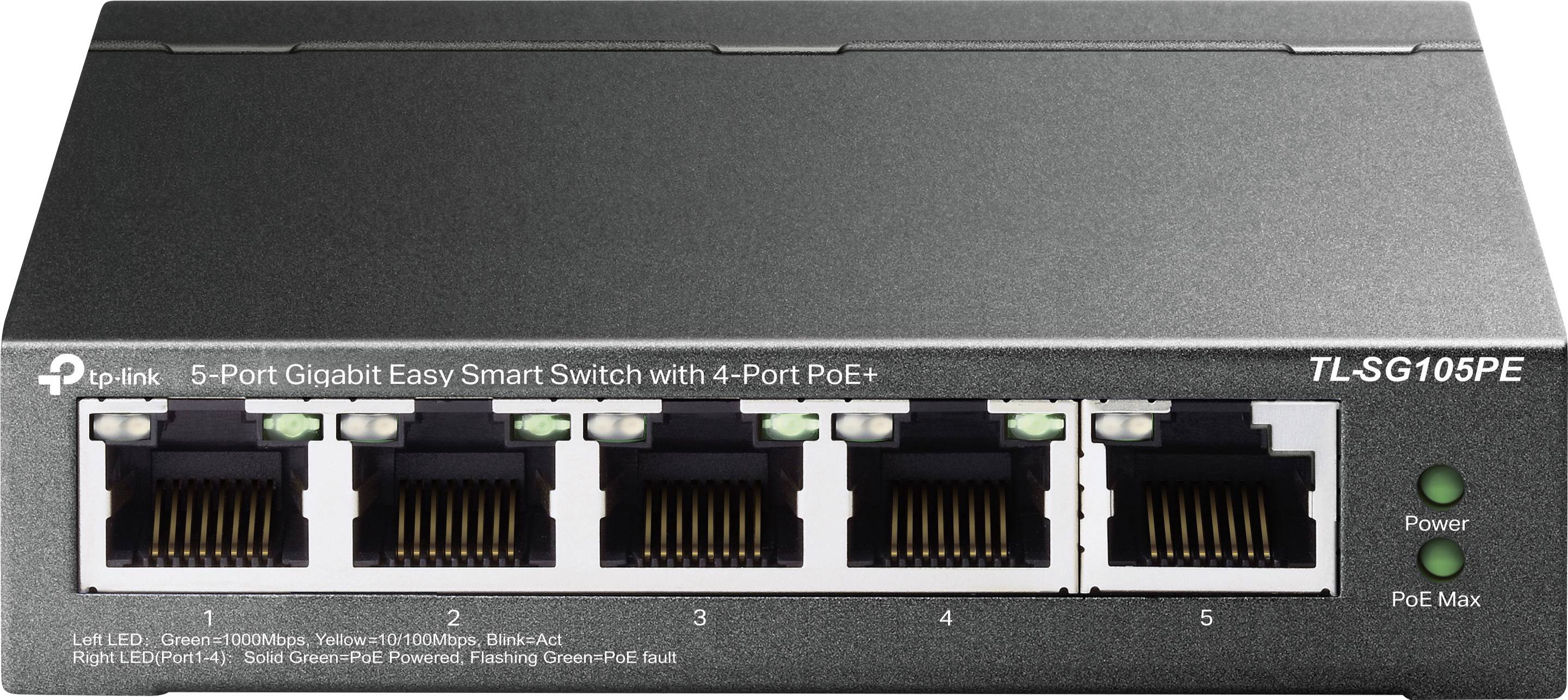 Egy TP-Link 5 portos Gigabit switch, amelyből 4 port PoE+ támogatású. LED-ek jelzik a hálózat állapotát; kiválóan alkalmas egyszerű hálózatbővítésre.