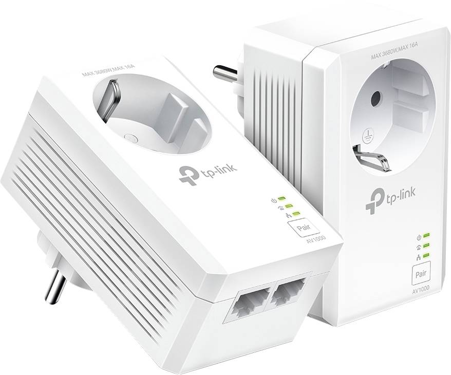 TP-Link powerline adapter beépített hálózati csatlakozóval és Ethernet-portokkal, amely lehetővé teszi a otthoni hálózat kiterjesztését az elektromos hálózaton keresztül.