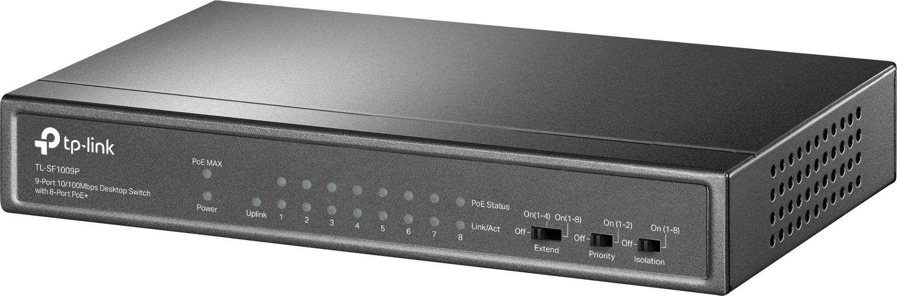 Egy fekete TP-Link hálózati switch, amelynek elülső oldalán több Ethernet-port és LED-jelzőfények találhatók a kapcsolat állapotának jelzésére.