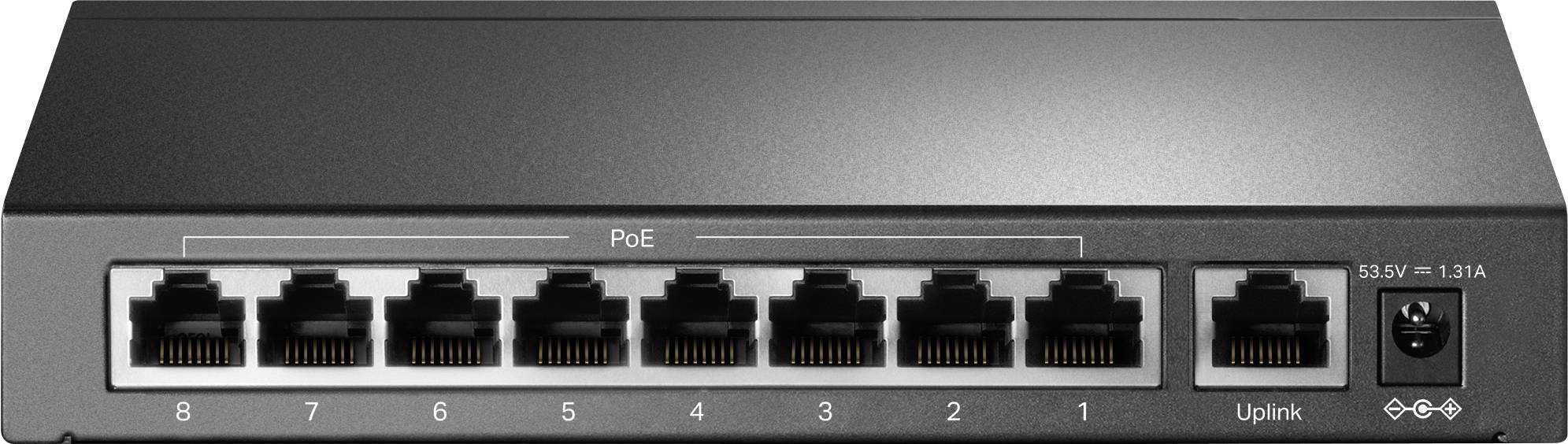 Egy fekete hálózati switch nyolc Ethernet-porttal, 1-től 8-ig számozva. Egy port 'Uplink' jelöléssel van ellátva.